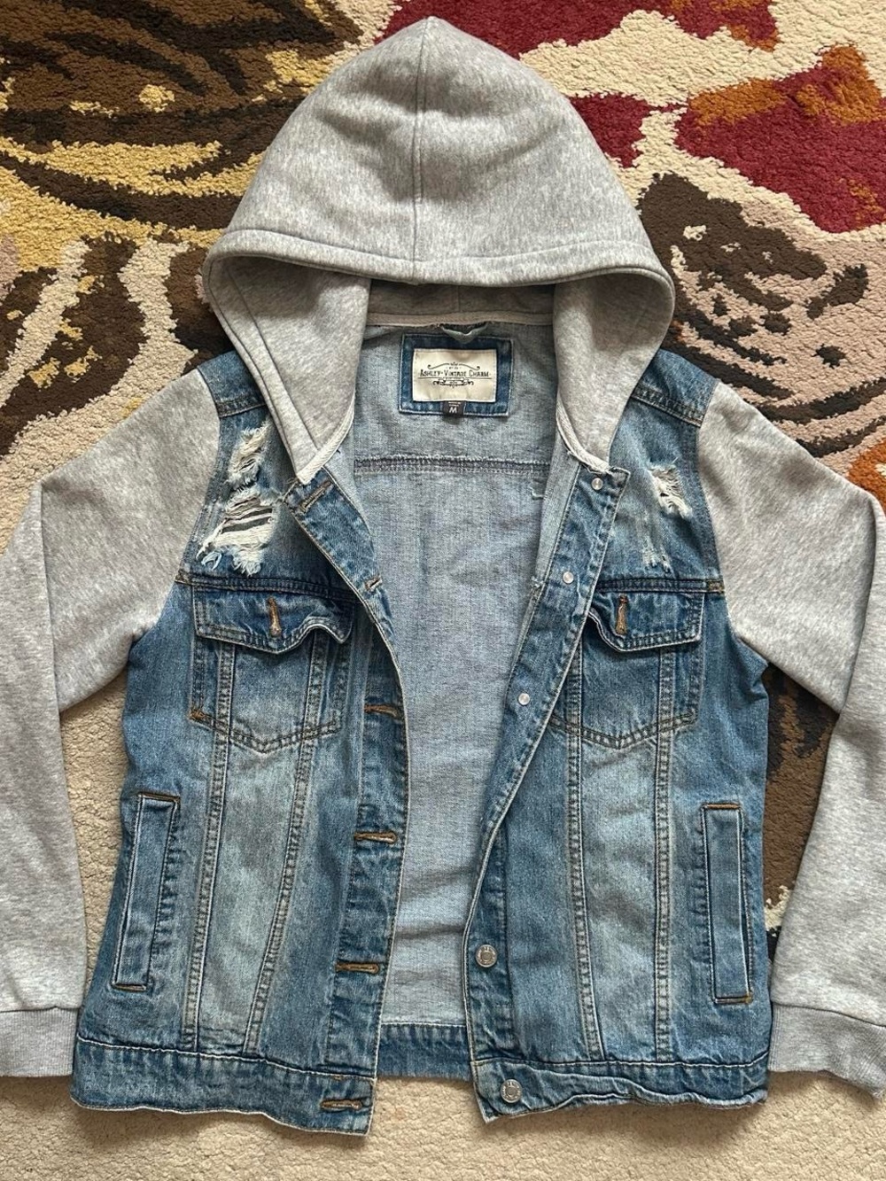 Ashley Vintage Charm hooded distressed denim jacket Size Medium